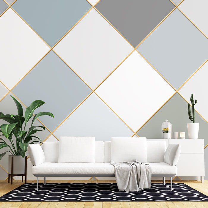 Morandi diamond grid wallpaper mural | Gilded lines