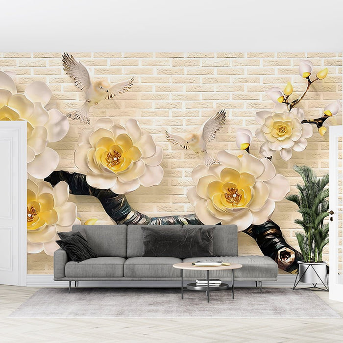 3D floral wallpaper mural | White flowers, lively birds - Carving wallpaper