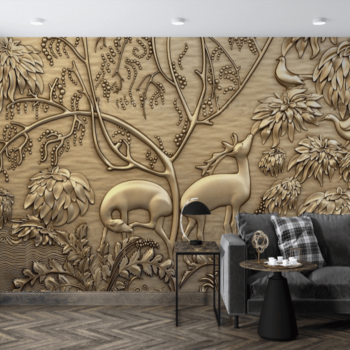 3D relief wall murals | golden deer and plant motifs create luxurious nature - Carving wallpaper
