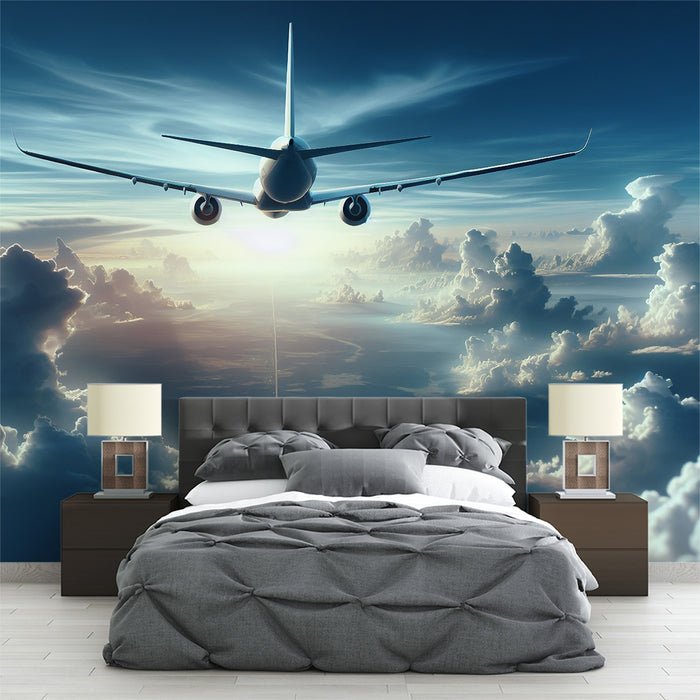 Airplane Wallpaper Mural | Airplane Flying in the Blue Sky and White Clouds - Carving wallpaper