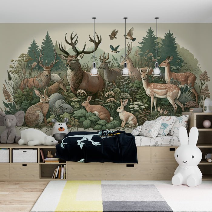 Animal Wallpaper Mural | Jungle Deer and Rabbit - Carving wallpaper