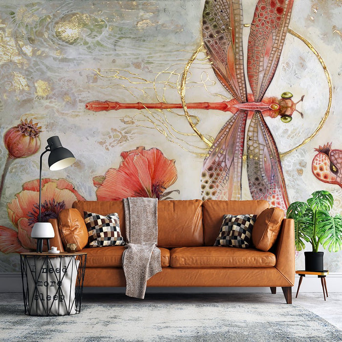 Art hand - painted flower dragonfly wallpaper mural | Poppy flowers, dragonflies - Carving wallpaper