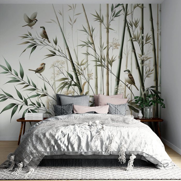 Bamboo Wallpaper Mural | Neutral Bird Tone on White Background - Carving wallpaper