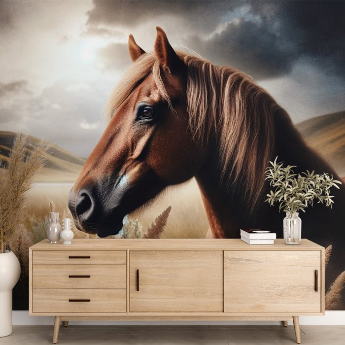 Beautiful Horse Landscape Wallpaper Mural | Brown Horse Grassland - Carving wallpaper