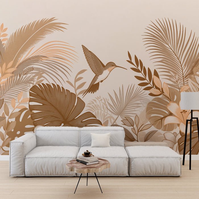 Beige Jungle Wallpaper Mural | Hummingbird with Plant Leaves - Carving wallpaper