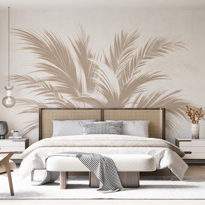 Beige leaf wallpaper mural | Japanese style palm leaves with writing style - Carving wallpaper