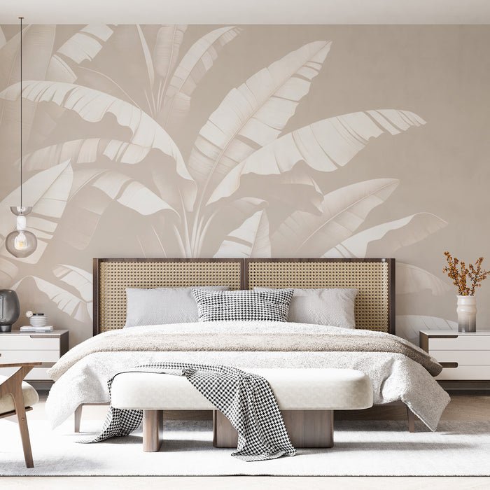 Beige Leaf Wallpaper Mural | White Banana Leaves on a Beige Background - Carving wallpaper