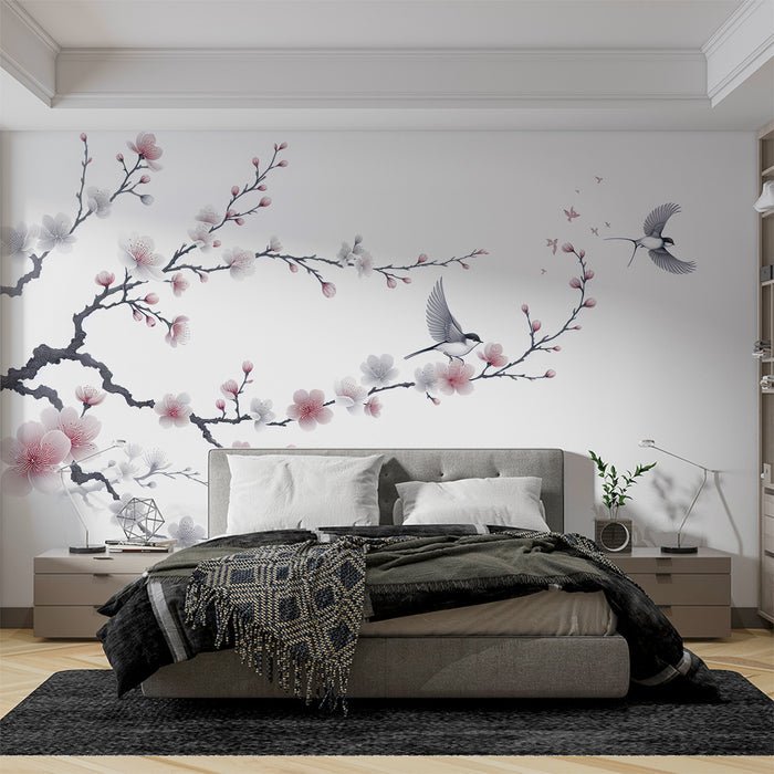 Bird Wallpaper Mural | Cherry Blossoms with Pink and White Flowers - Carving wallpaper