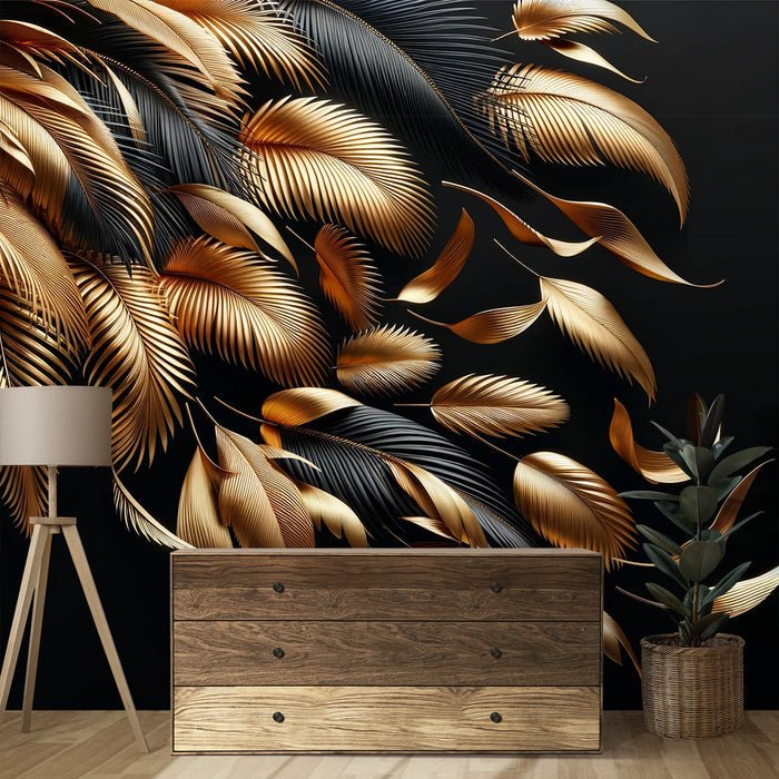 Black and gold wallpaper mural | Fallen leaves - Carving wallpaper