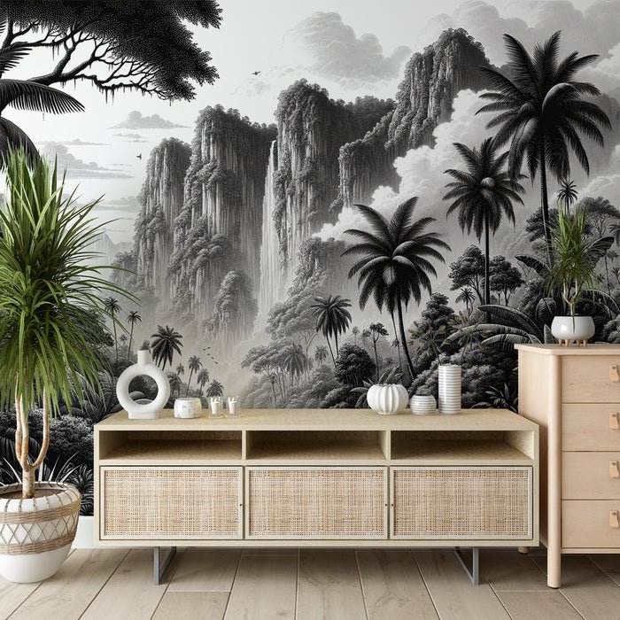 Black and white jungle wallpaper mural | Mountain and river reliefs - Carving wallpaper