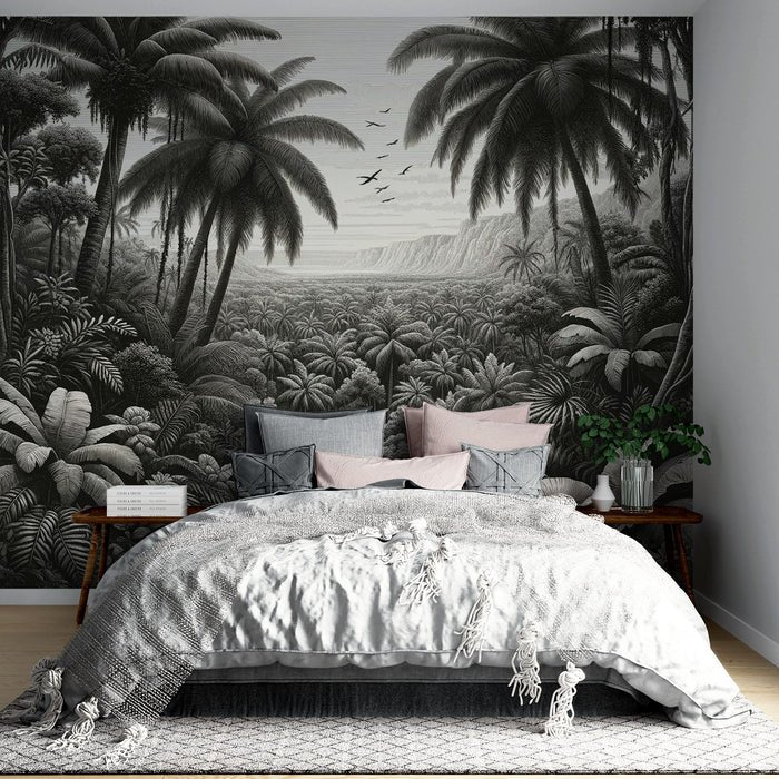 Black and white tropical jungle wallpaper mural | Palm tree - Carving wallpaper