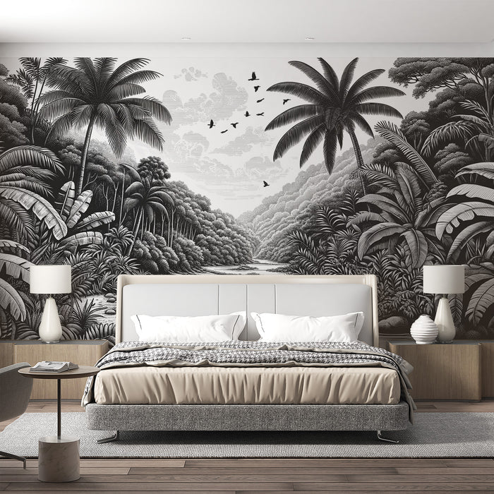 Black and white tropical jungle wallpaper mural | Rivers winding through the jungle - Carving wallpaper