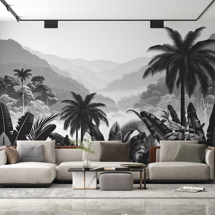 Black and white tropical landscape wallpaper mural | Jungle Mountains - Carving wallpaper