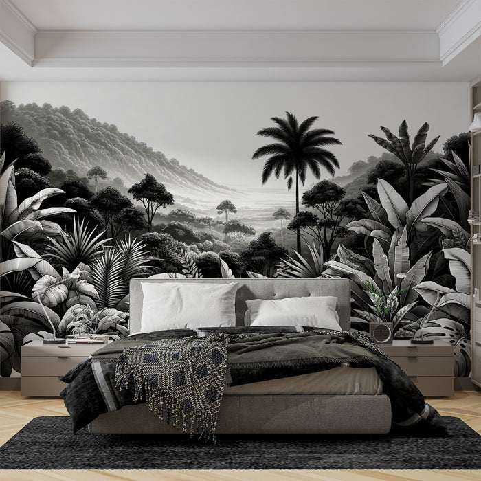 Black and white tropical plant wallpaper mural | Jungle scenery - Carving wallpaper