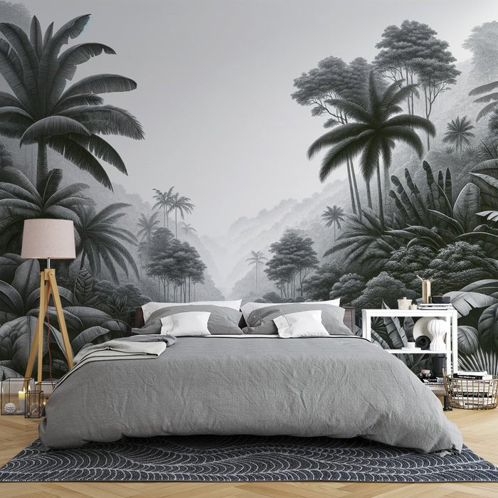 Black and white tropical rainforest wallpaper mural | Jungle plants - Carving wallpaper