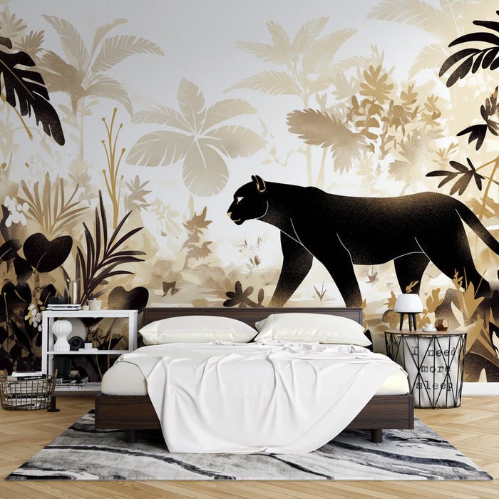 Black Panther Jungle Wallpaper Mural | Black Gold Color Animal Pattern - Carving wallpaper