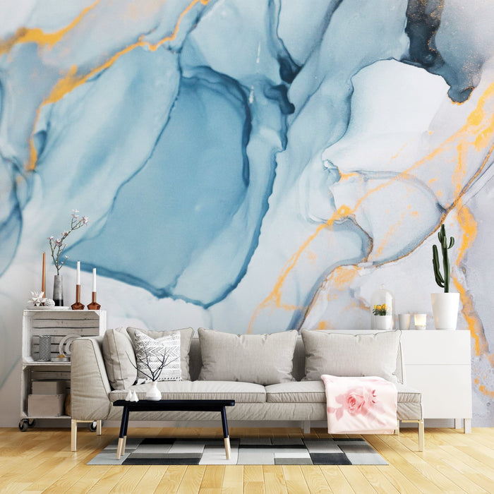 Blue Gold Fluid Art Wallpaper Mural | Cool Tone - Carving wallpaper