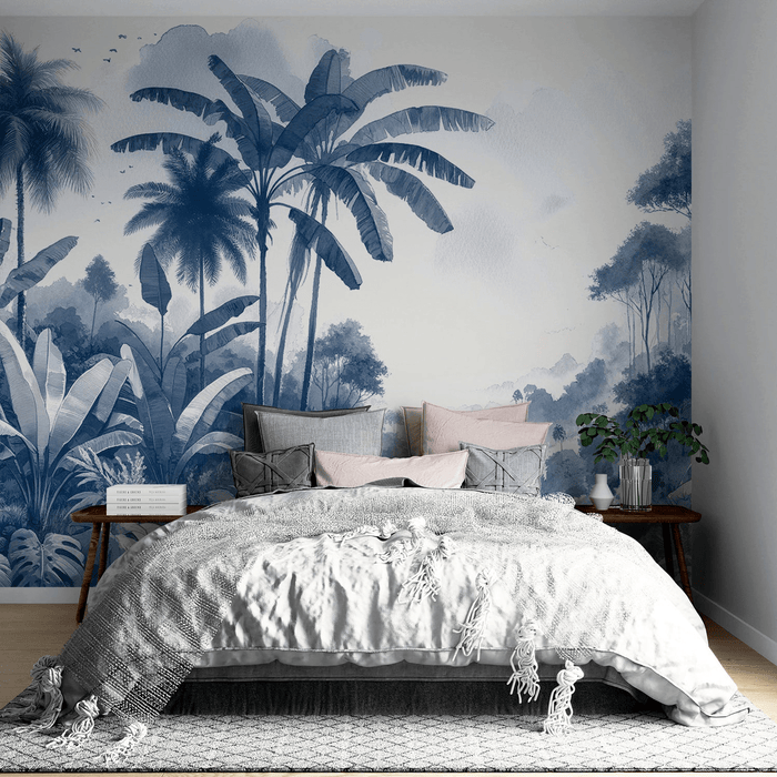 Blue Jungle Wallpaper | Blue Watercolor of Giant Jungle - Carving wallpaper