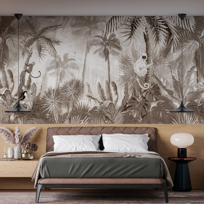 Brown Jungle Wallpaper Mural | toucan, palm monkey - Carving wallpaper