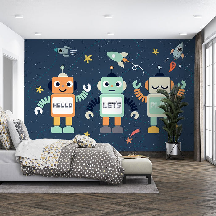 Cartoon robot space wallpaper mural | Children's room - Carving wallpaper