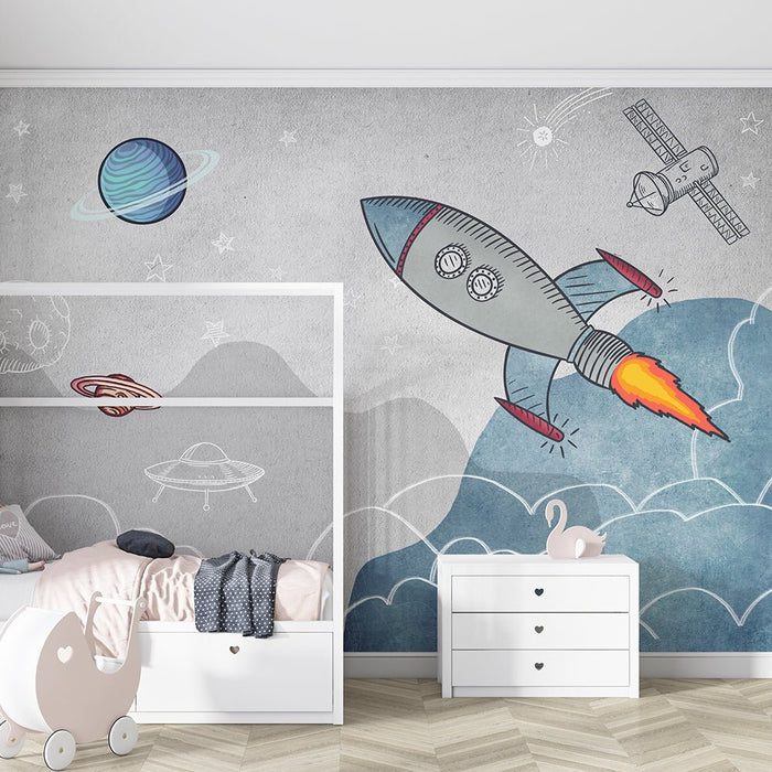 Cartoon Space Theme Wallpaper Mural | Children's Room Rocket Planet - Carving wallpaper