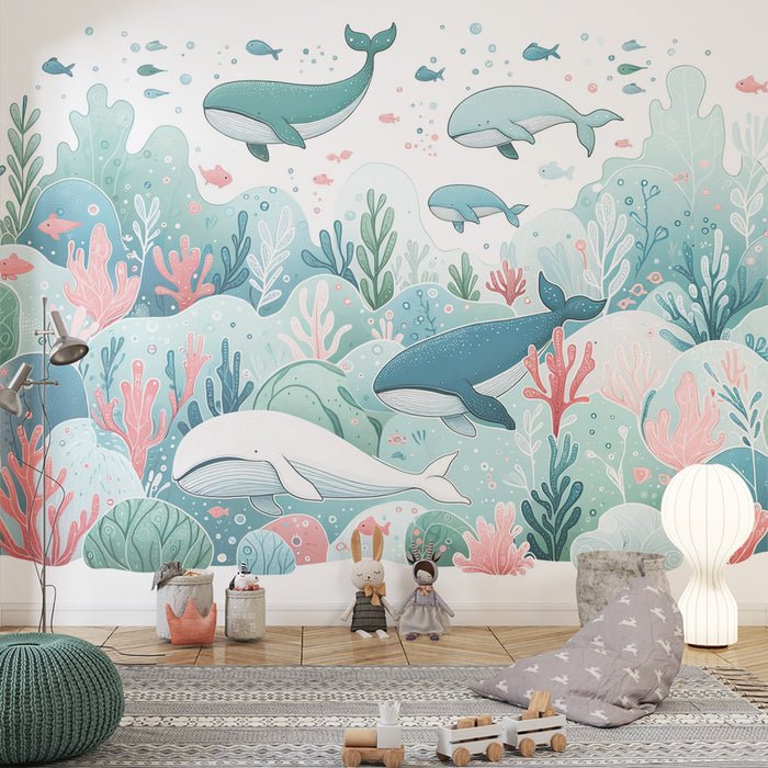 Cartoon Whale Wallpaper Mural | Pink Coral and Green Seaweed - Carving wallpaper