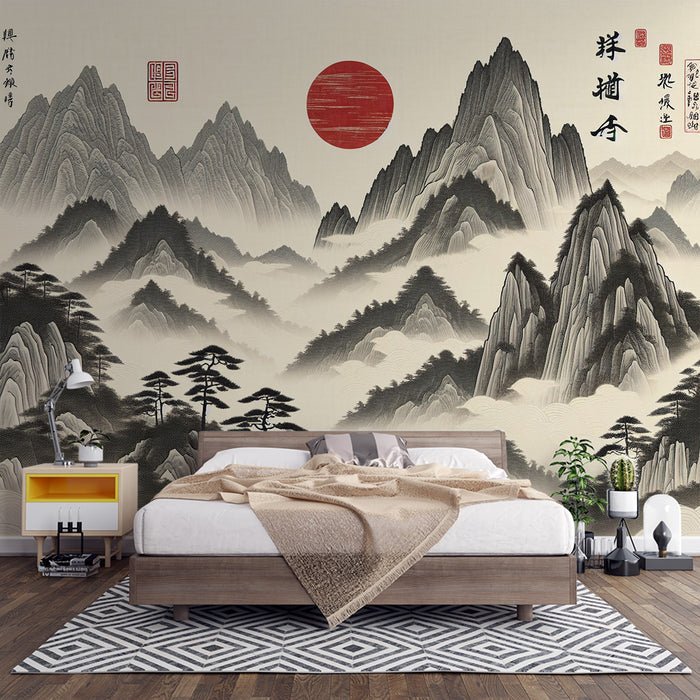 Chinese landscape ink painting wallpaper mural | Red Sun Mountain Range - Carving wallpaper