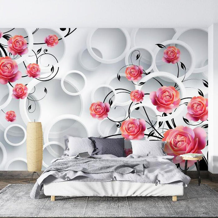 Circular Rose Mural | Pink Rose with Circular Wallpaper - Carving wallpaper