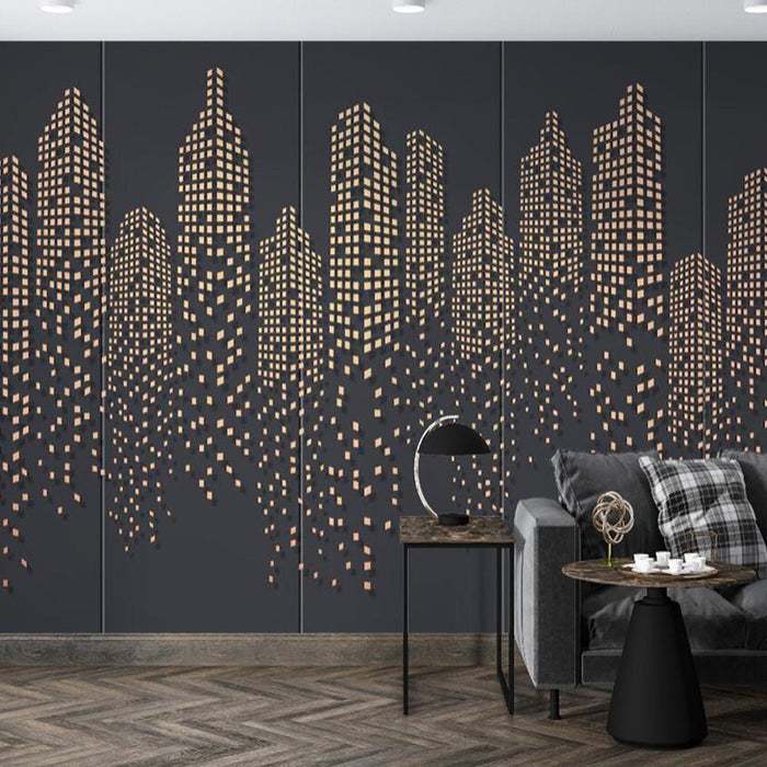 City Architecture Wallpaper Mural | Dark Grey Background, Gold Abstract City Architecture - Carving wallpaper