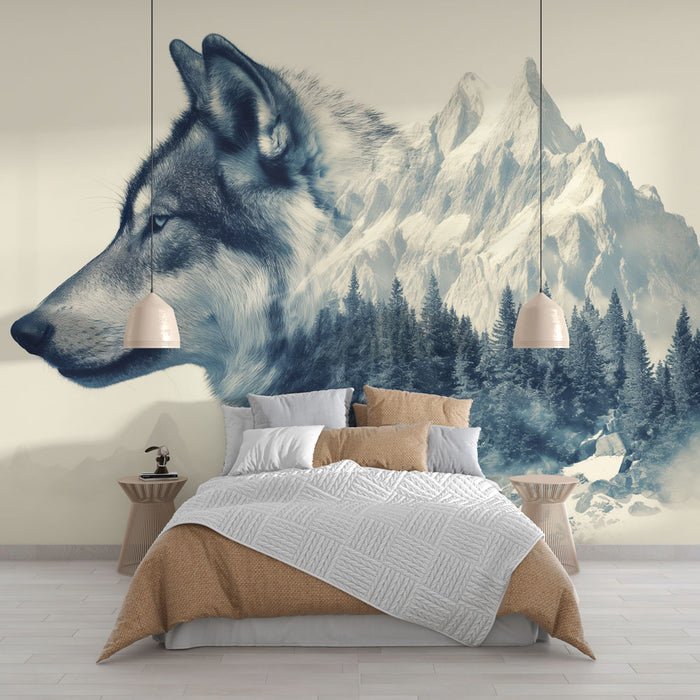 Collage Wallpaper Mural | Wolf and Mountain - Carving wallpaper