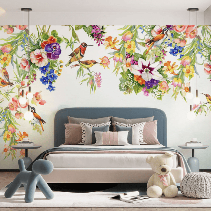 Colorful flower wallpaper mural | With hummingbirds - Carving wallpaper