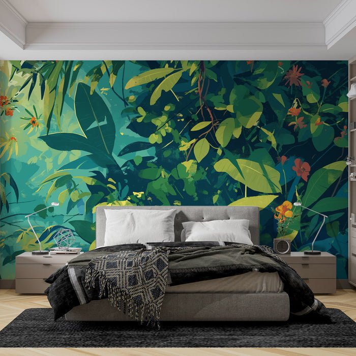 Colorful Jungle Wallpaper Mural | Tropical Plants - Carving wallpaper