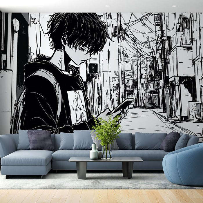 Comic Wallpaper Mural | Black and White City Streets - Carving wallpaper