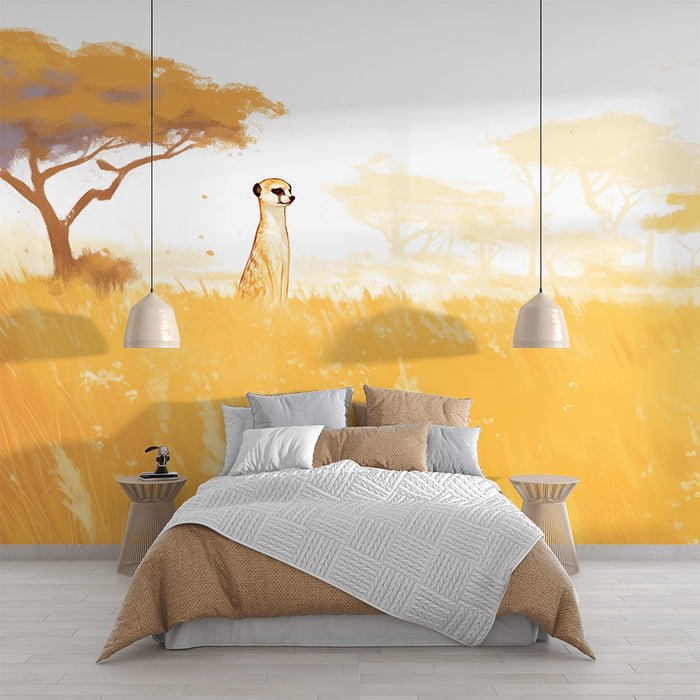 Cute and playful mongoose wallpaper mural | Warm toned grassland scenery - Carving wallpaper
