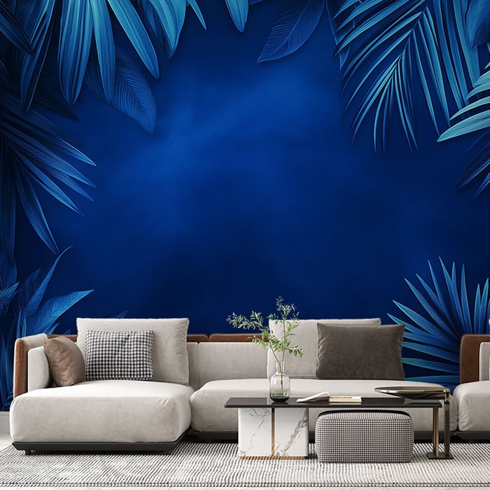 Deep blue tropical plant wallpaper mural | Rainforest leaves - Carving wallpaper