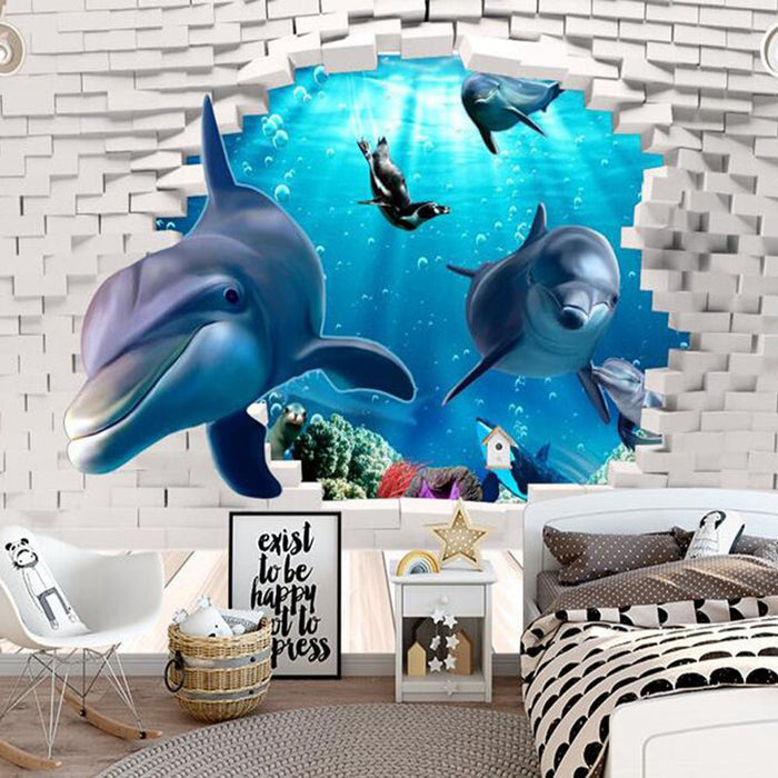 Dolphin Wallpaper | 3D Marine Animal Mural - Carving wallpaper