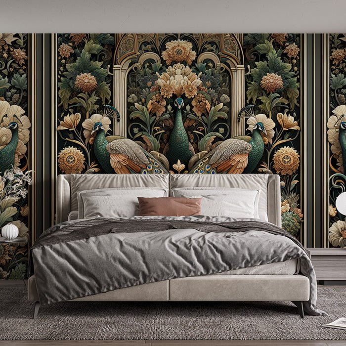 European classical flower and bird wallpaper mural | Peacock flower - Carving wallpaper