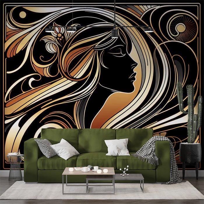 Female silhouette wallpaper mural | Black gold color scheme - Carving wallpaper