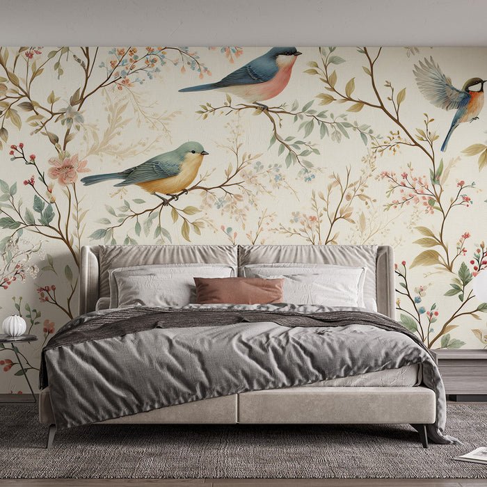 Flower and bird pattern wallpaper mural | Colorful birds - Carving wallpaper