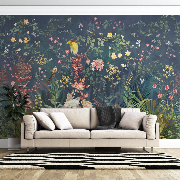 Flower and Bird Wallpaper Mural | Deep Blue Tropical - Carving wallpaper