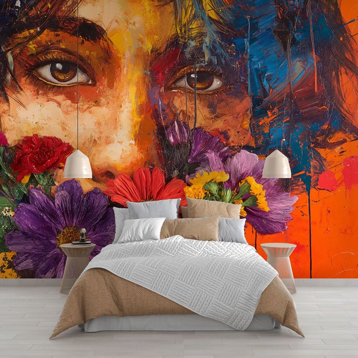 Flower Figure Oil Painting Wallpaper Mural | Abstract Art - Carving wallpaper
