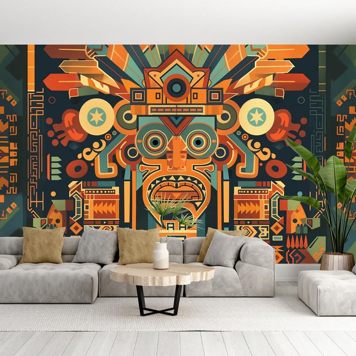 Geometric Totem Art Wallpaper Mural | Maya Cultural Style - Carving wallpaper