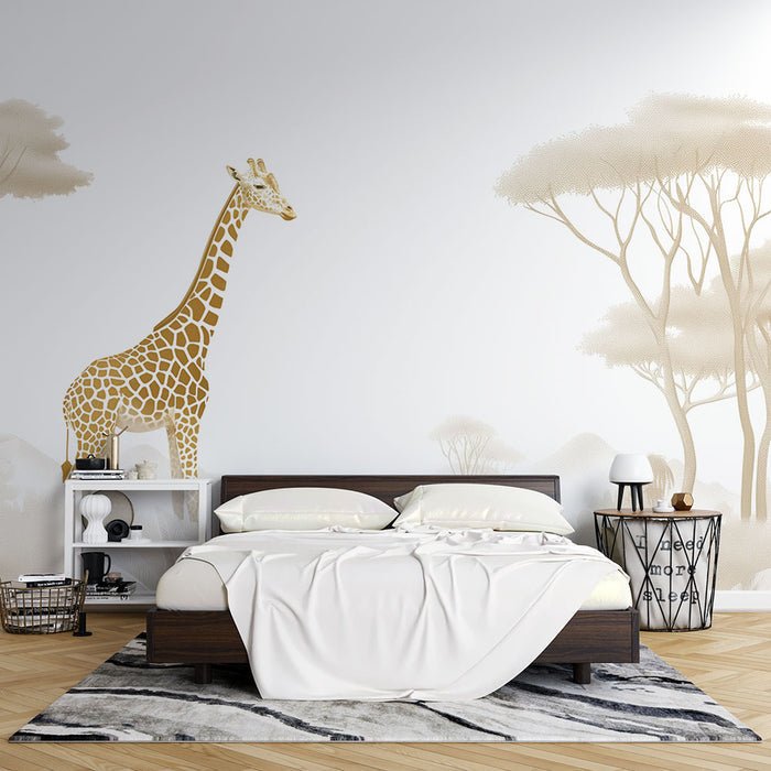 Giraffe Forest Wallpaper Mural | Light colored Jungle - Carving wallpaper