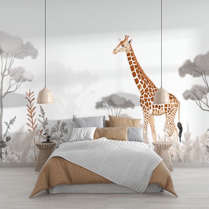 Giraffe Jungle Wallpaper Mural | Light toned Forest - Carving wallpaper