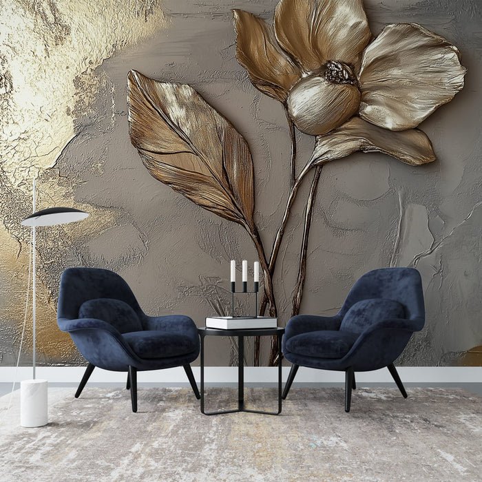 Golden Flower Wallpaper Mural | Relief Effect Flower - Carving wallpaper