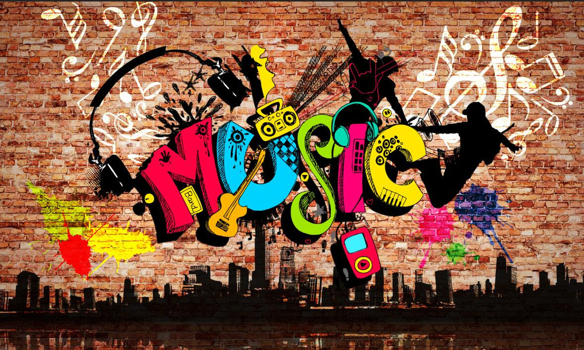 Graffiti style music mural | Brick wall music wallpaper - Carving wallpaper