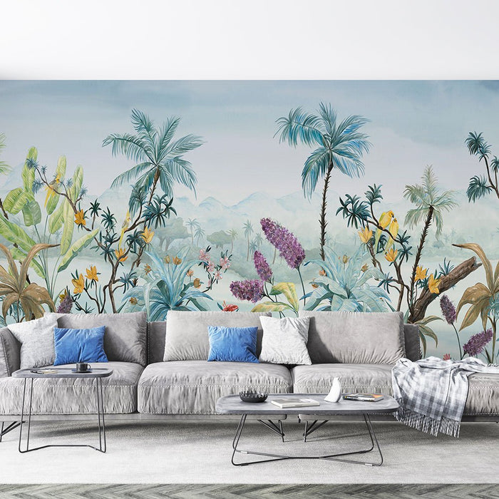 Hand drawn wallpapers and murals featuring tropical plants | Palm trees, blooming flowers, and parrots - Carving wallpaper