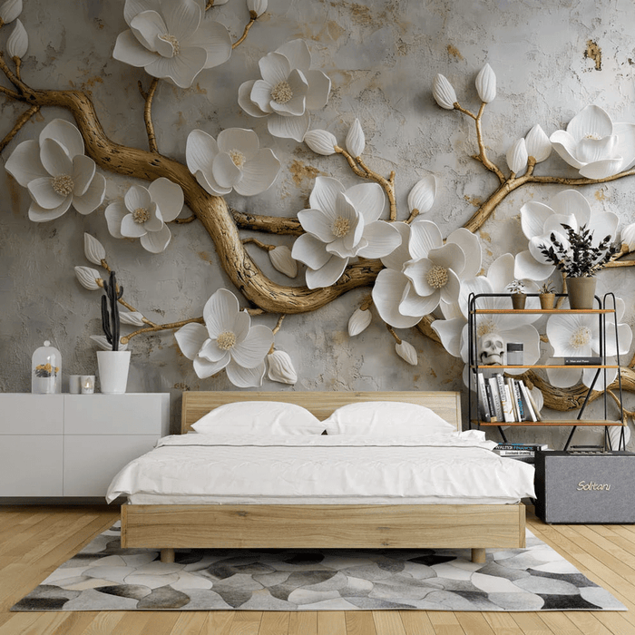 Headboard wallpaper, golden trees and flowers - Carving wallpaper