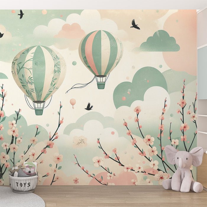 Hot air balloon wallpaper mural | Cherry roses and green clouds - Carving wallpaper