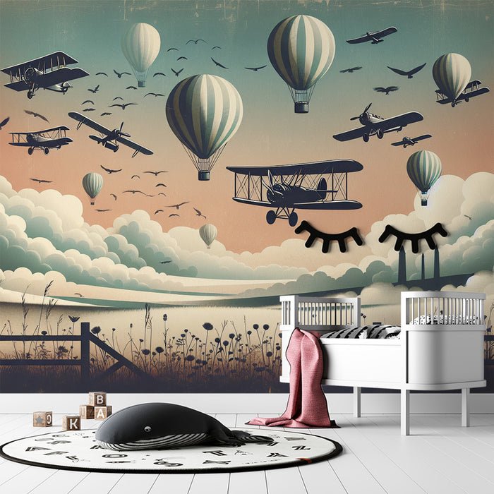 Hot air balloon wallpaper mural | Plane and balloon overlooking grassland - Carving wallpaper